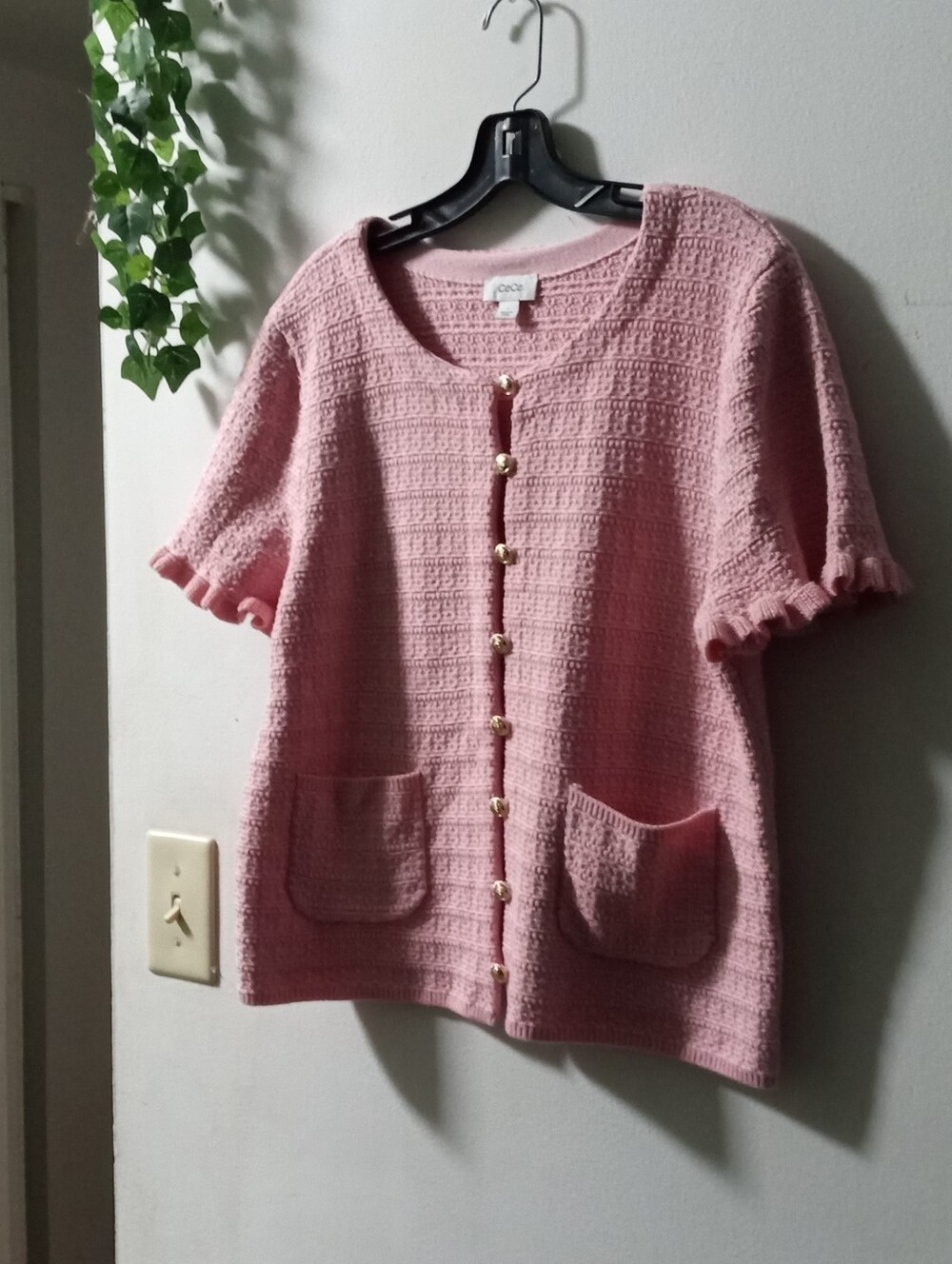 CeCe Pink Short-Sleeve Knit Cardigan with Front Pockets